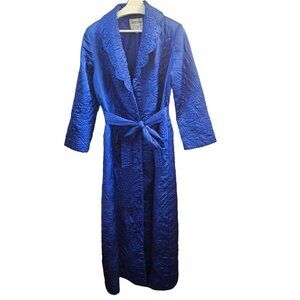 Vintage Nordstrom Blue Quilted Satin Robe With Scalloped Collar & Belted Waist